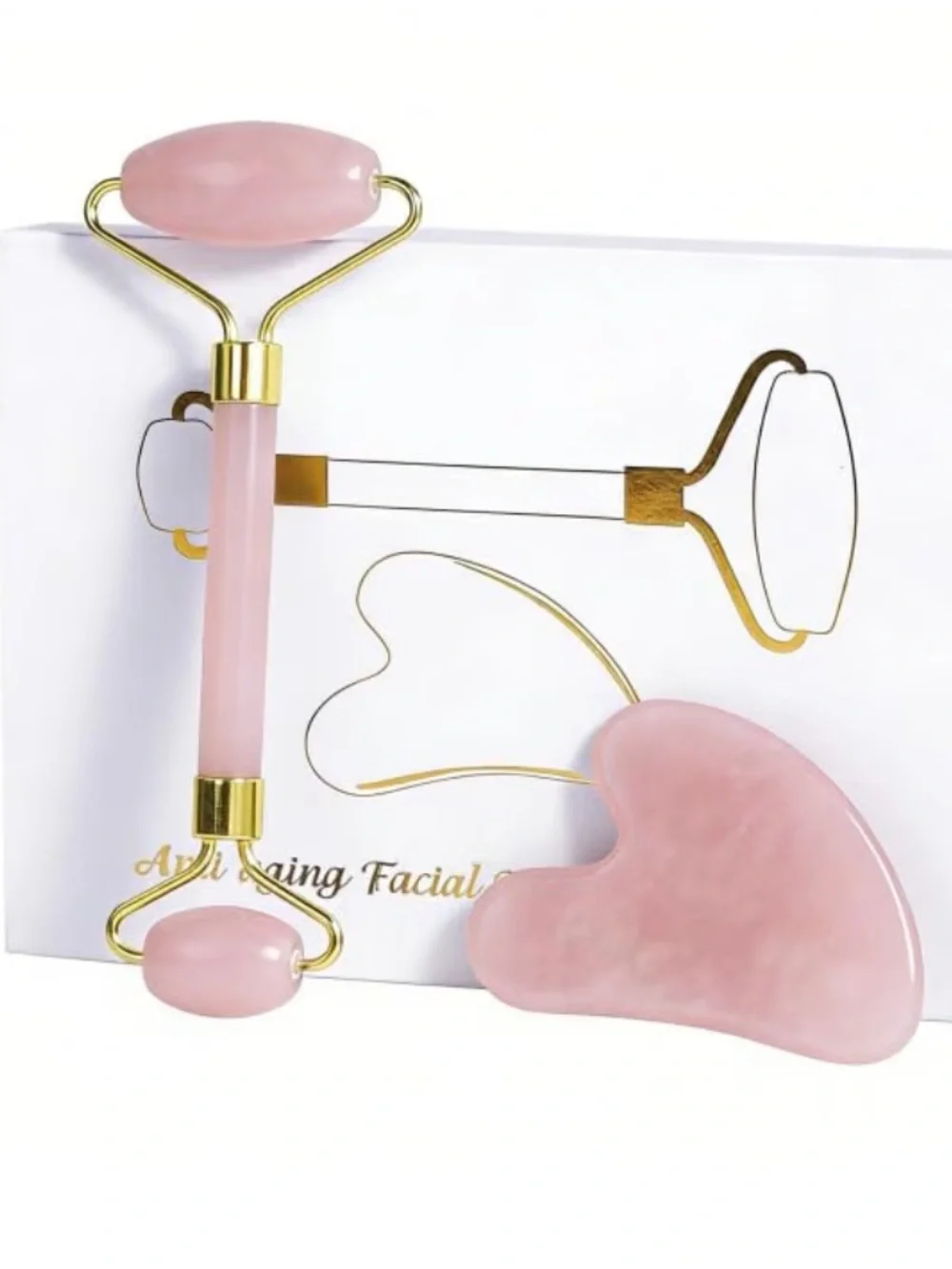 Rose Quartz Facial Roller and Gua Sha Set - Pink
